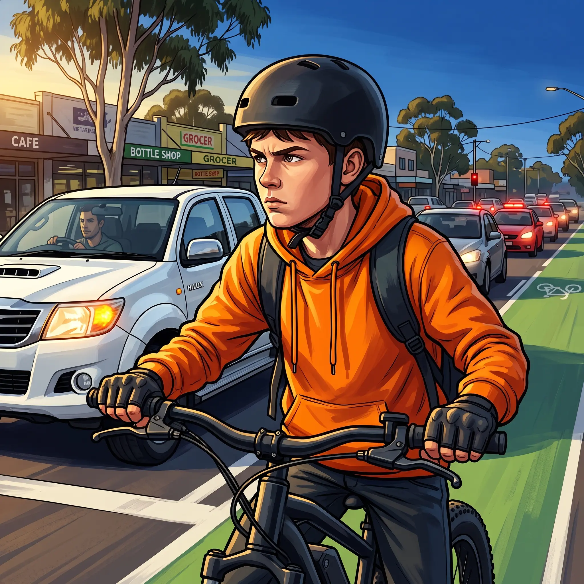 BikeHero traffic lesson showing a rider approaching a busy intersection